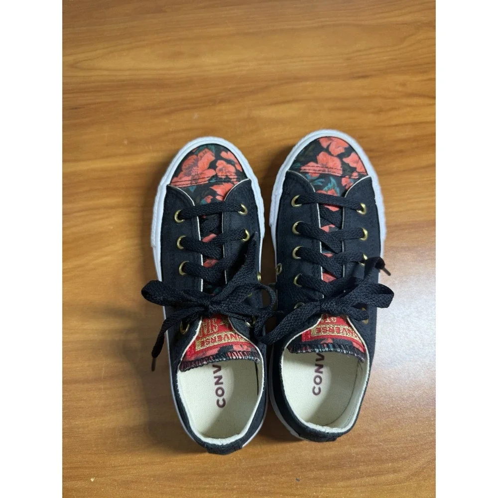 Converse All Star Low Top Youth Size 13 Floral Black Gold Eyelet Sneakers Shoes